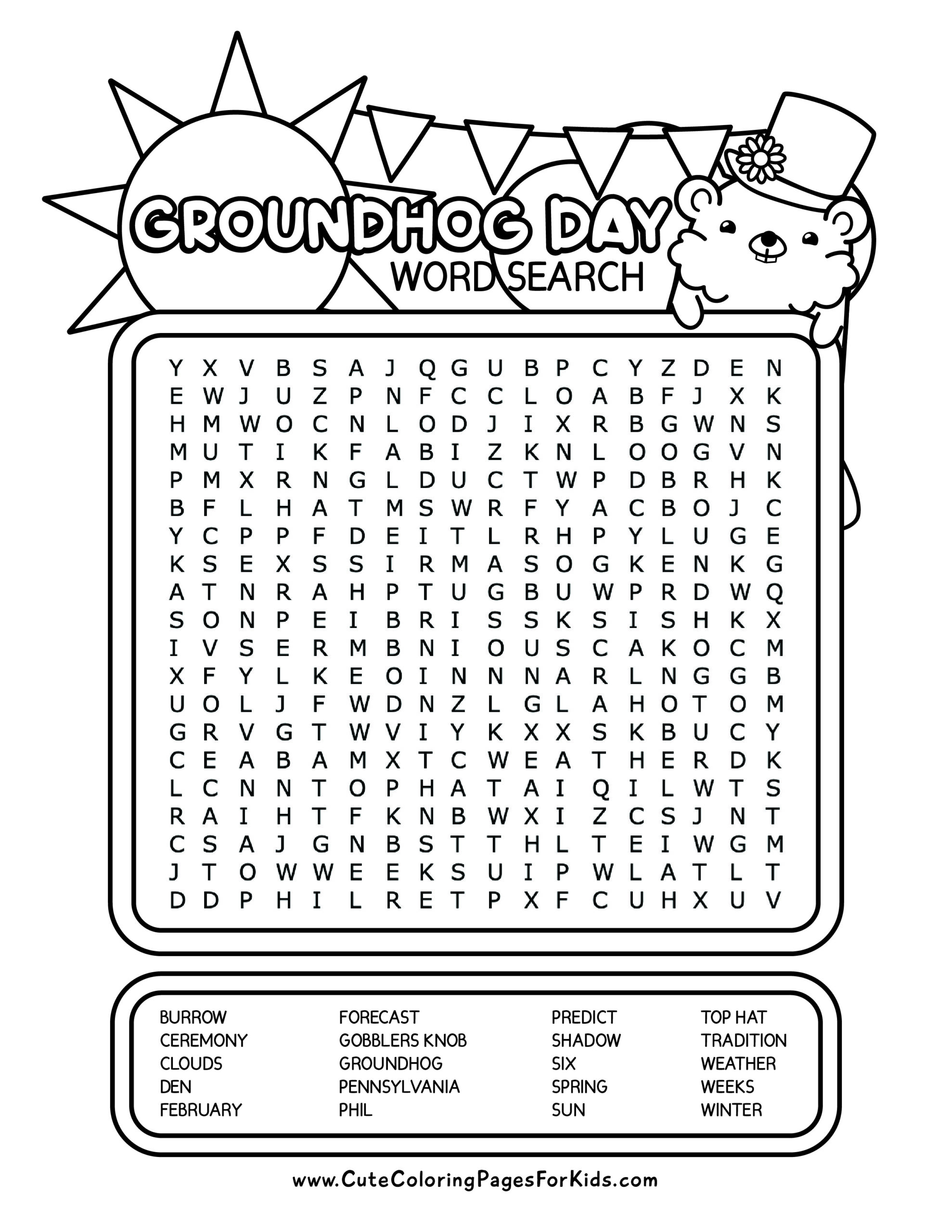 groundhog day word search for kids: free printable pdf - cute